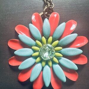 Floral Pendant Necklace with Red and Blue Petals